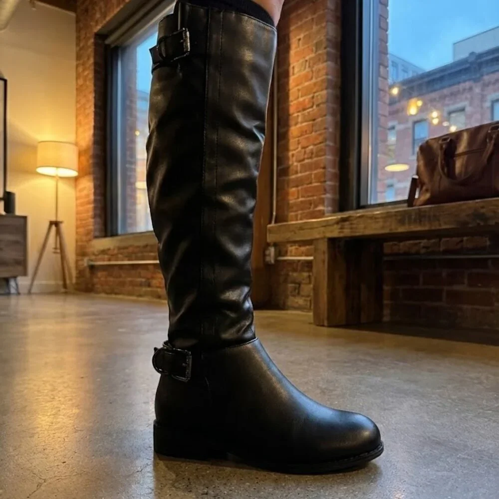 NWT Wild Diva Black Faux Leather Knee High Riding Boots Buckle Strap Zip